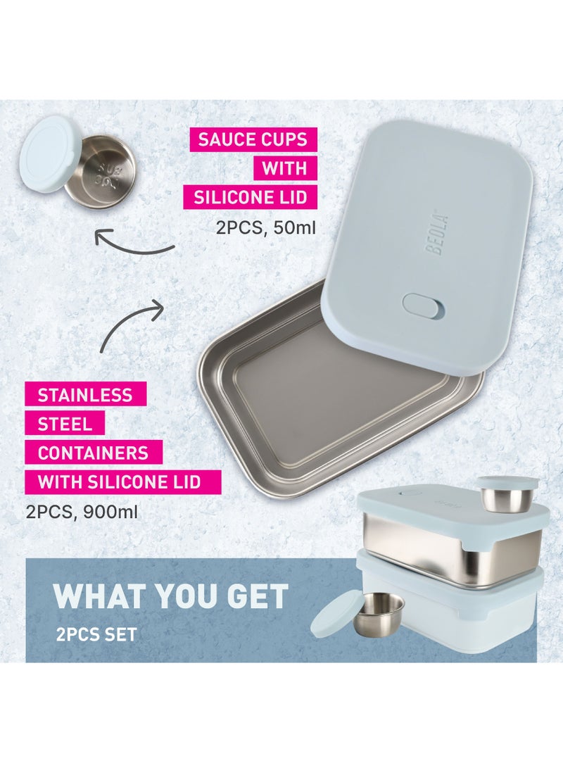 Set of 2 Stainless Steel Lunch Boxes with sauce cup - 2x 900ml, Ice Blue