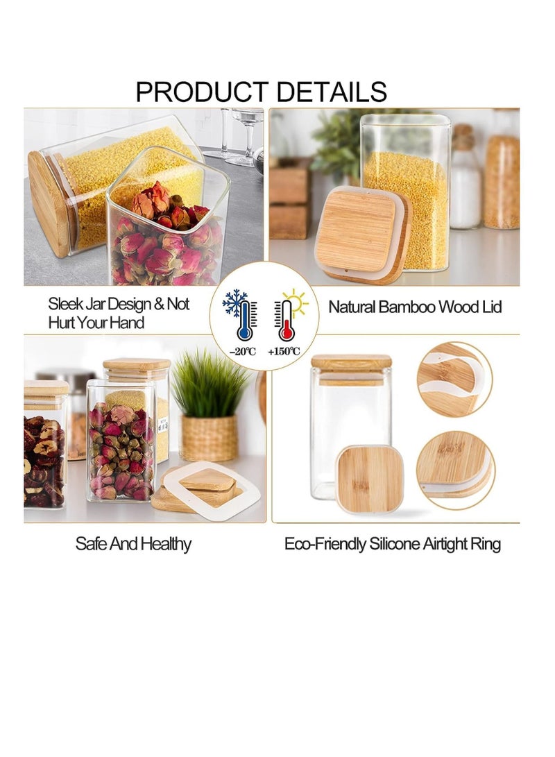 Glass Jars Set 300ML, MahMir 12 pcs Set Glass Spice Jars with Bamboo Airtight Lids and Labels, Food Cereal Storage Spice Containers for Home Kitchen Tea Herbs Coffee Flour Herbs Grains  Square