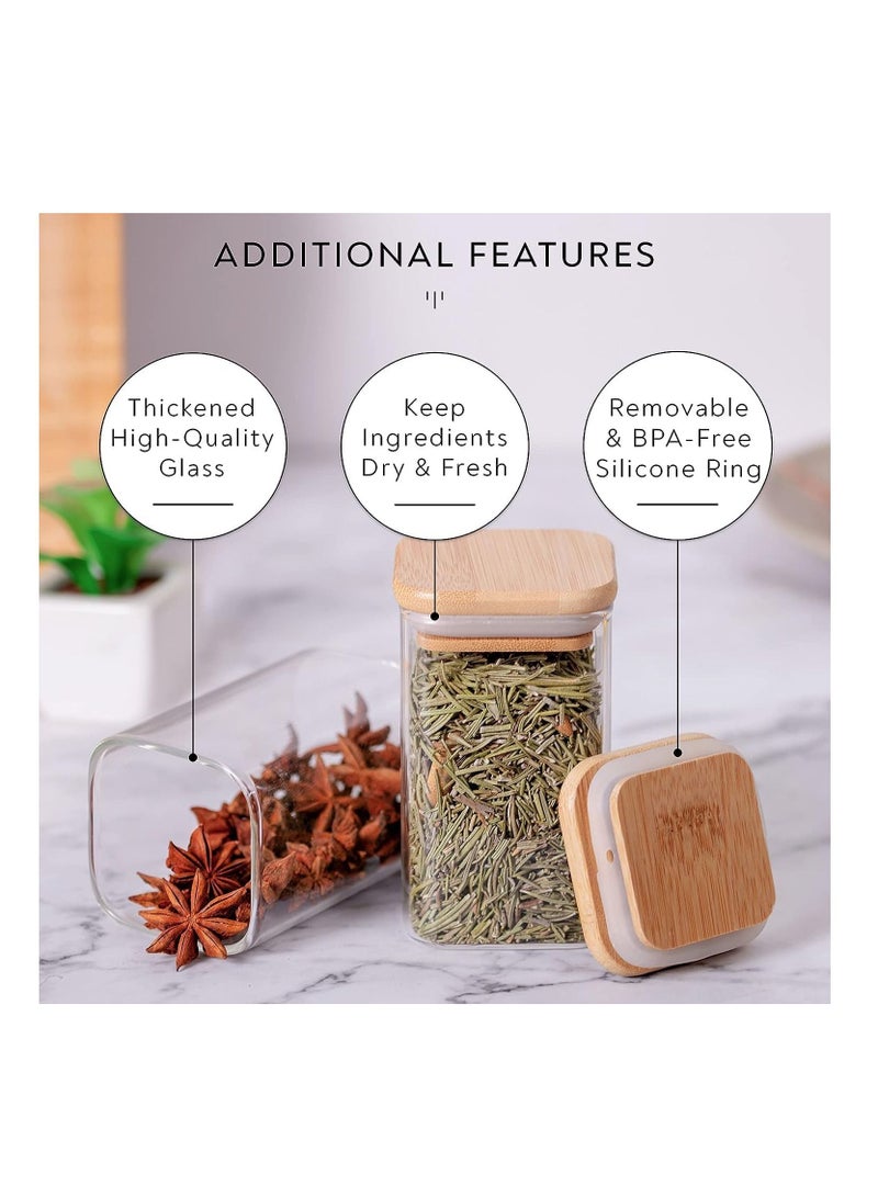 Glass Jars Set 300ML, MahMir 12 pcs Set Glass Spice Jars with Bamboo Airtight Lids and Labels, Food Cereal Storage Spice Containers for Home Kitchen Tea Herbs Coffee Flour Herbs Grains  Square