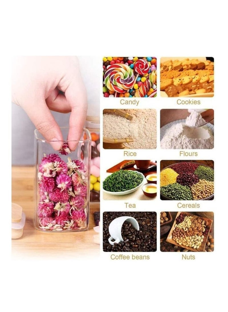 Glass Jars Set 300ML, MahMir 12 pcs Set Glass Spice Jars with Bamboo Airtight Lids and Labels, Food Cereal Storage Spice Containers for Home Kitchen Tea Herbs Coffee Flour Herbs Grains  Square