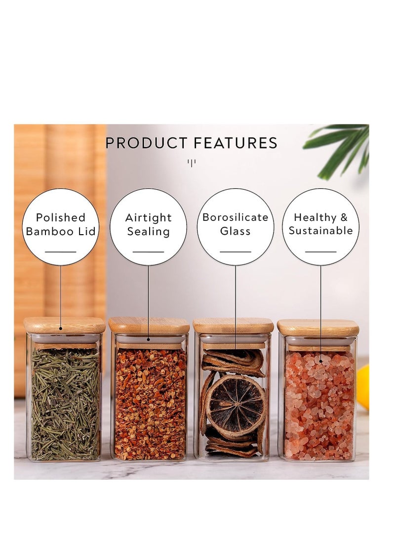 Glass Jars Set 300ML, MahMir 12 pcs Set Glass Spice Jars with Bamboo Airtight Lids and Labels, Food Cereal Storage Spice Containers for Home Kitchen Tea Herbs Coffee Flour Herbs Grains  Square