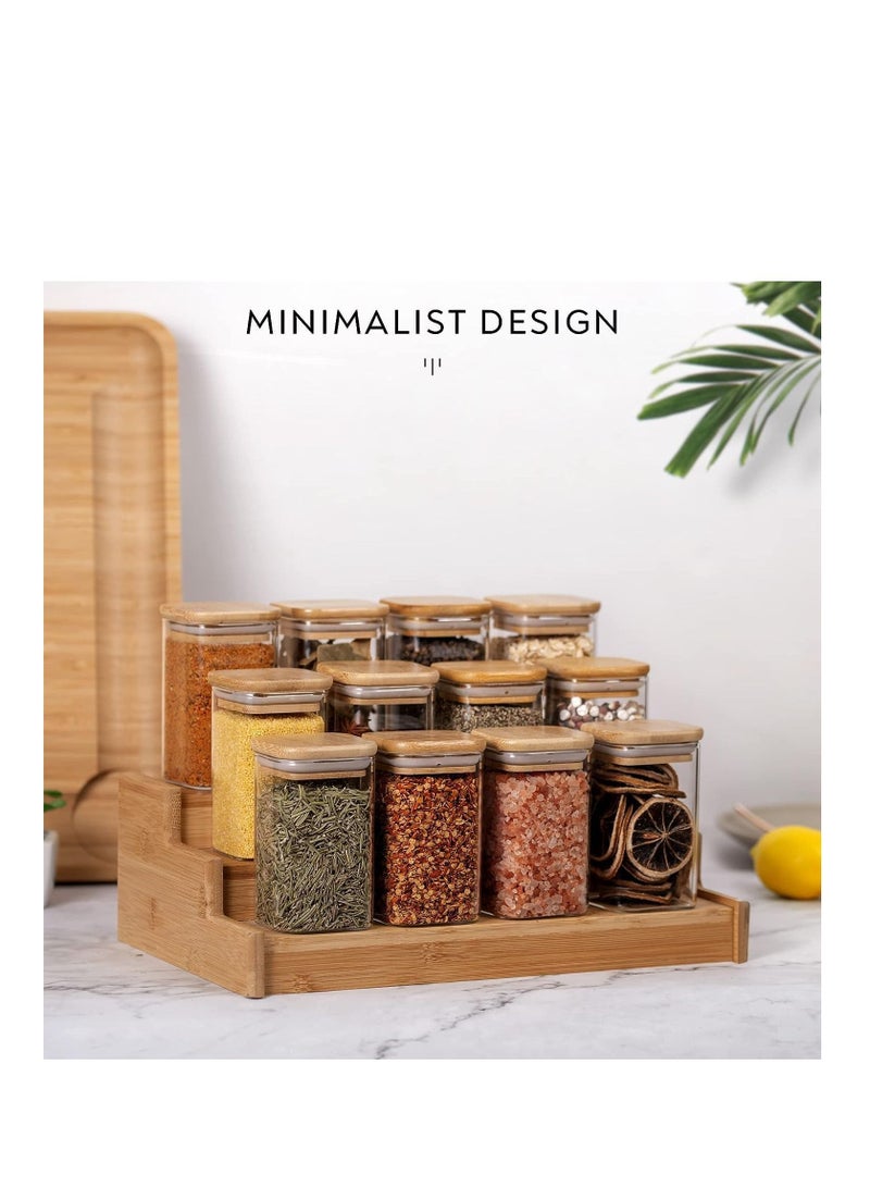 Glass Jars Set 300ML, MahMir 12 pcs Set Glass Spice Jars with Bamboo Airtight Lids and Labels, Food Cereal Storage Spice Containers for Home Kitchen Tea Herbs Coffee Flour Herbs Grains  Square