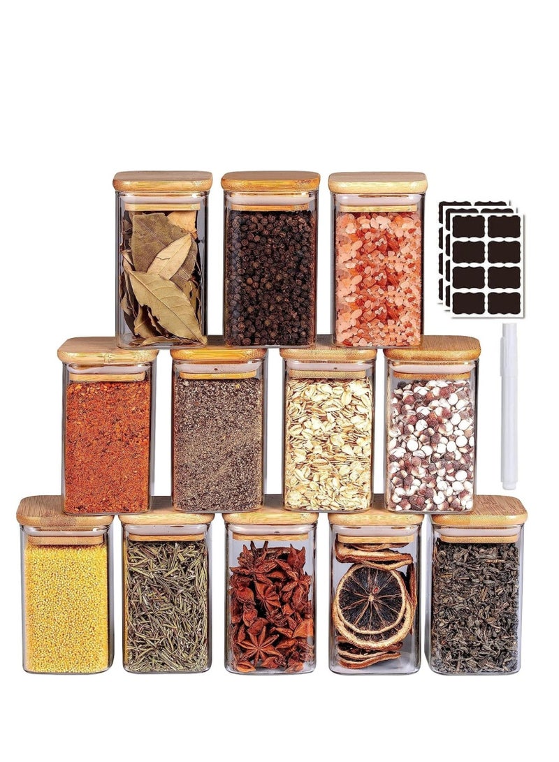 Glass Jars Set 300ML, MahMir 12 pcs Set Glass Spice Jars with Bamboo Airtight Lids and Labels, Food Cereal Storage Spice Containers for Home Kitchen Tea Herbs Coffee Flour Herbs Grains  Square