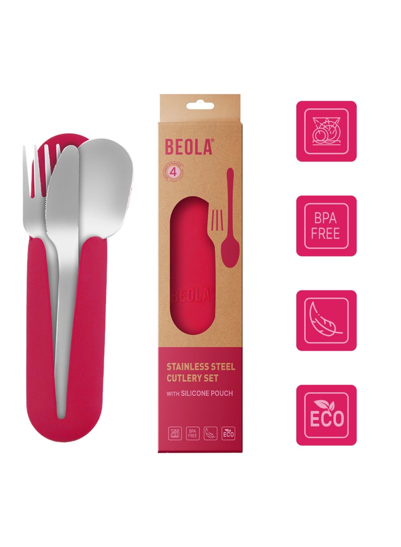 Set of 4 Stainless Steel Travel Cutlery Set with Silicone Case, Raspberry