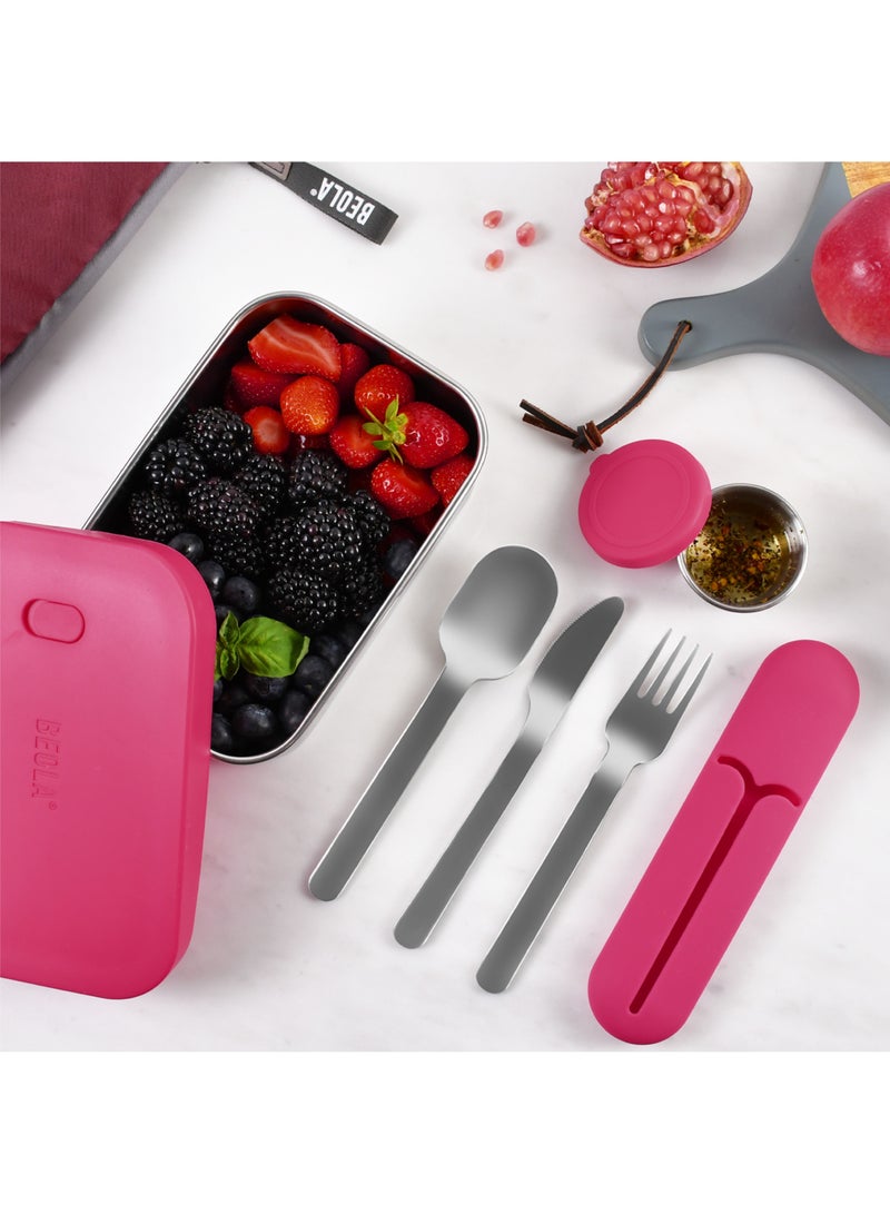 Set of 4 Stainless Steel Travel Cutlery Set with Silicone Case, Raspberry