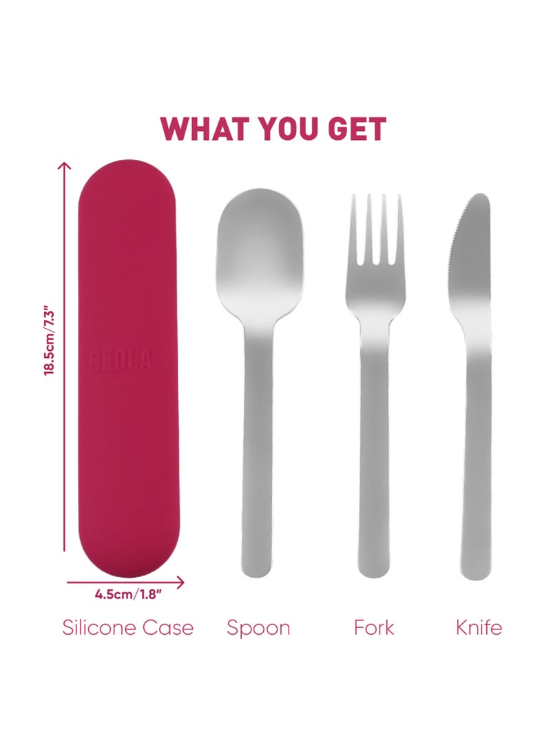 Set of 4 Stainless Steel Travel Cutlery Set with Silicone Case, Raspberry