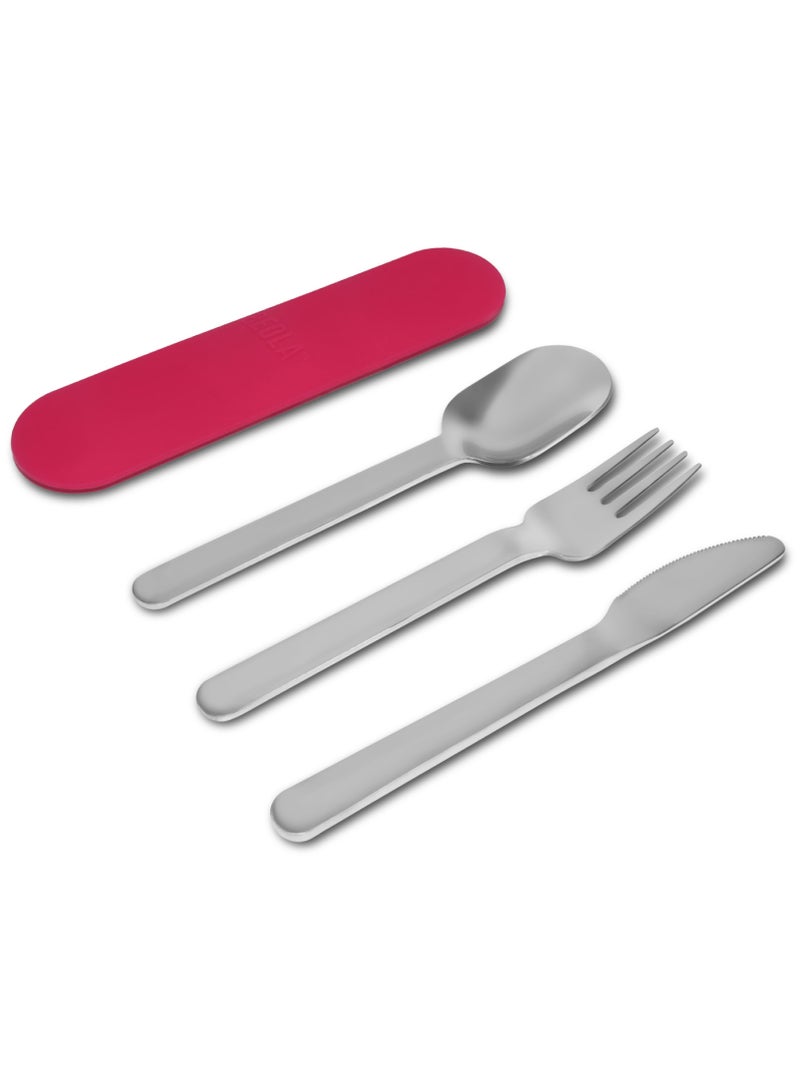 Set of 4 Stainless Steel Travel Cutlery Set with Silicone Case, Raspberry