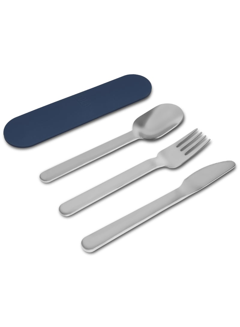 Set of 4 Stainless Steel Travel Cutlery Set with Silicone Case, Marine Blue