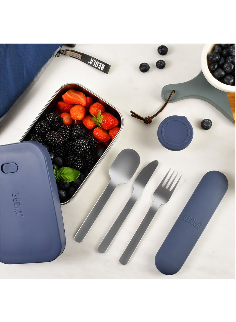 Set of 4 Stainless Steel Travel Cutlery Set with Silicone Case, Marine Blue