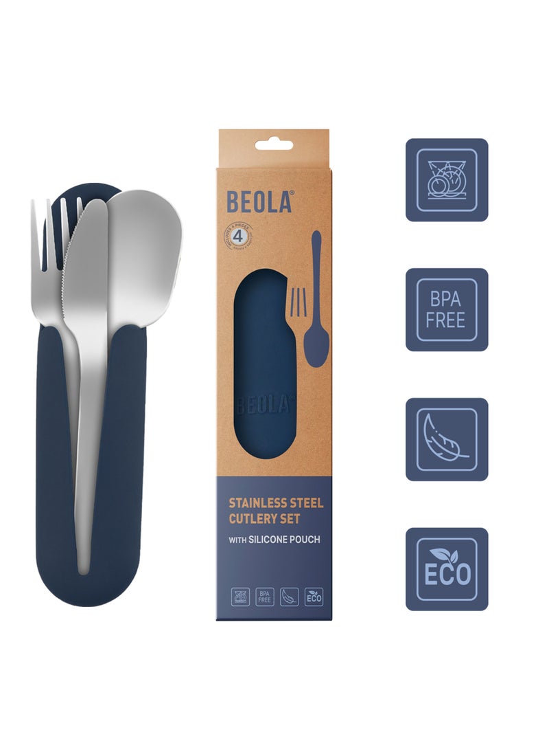 Set of 4 Stainless Steel Travel Cutlery Set with Silicone Case, Marine Blue