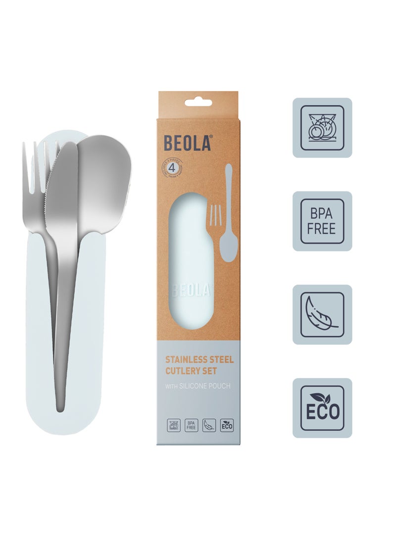 Set of 4 Stainless Steel Travel Cutlery Set with Silicone Case, Ice Blue