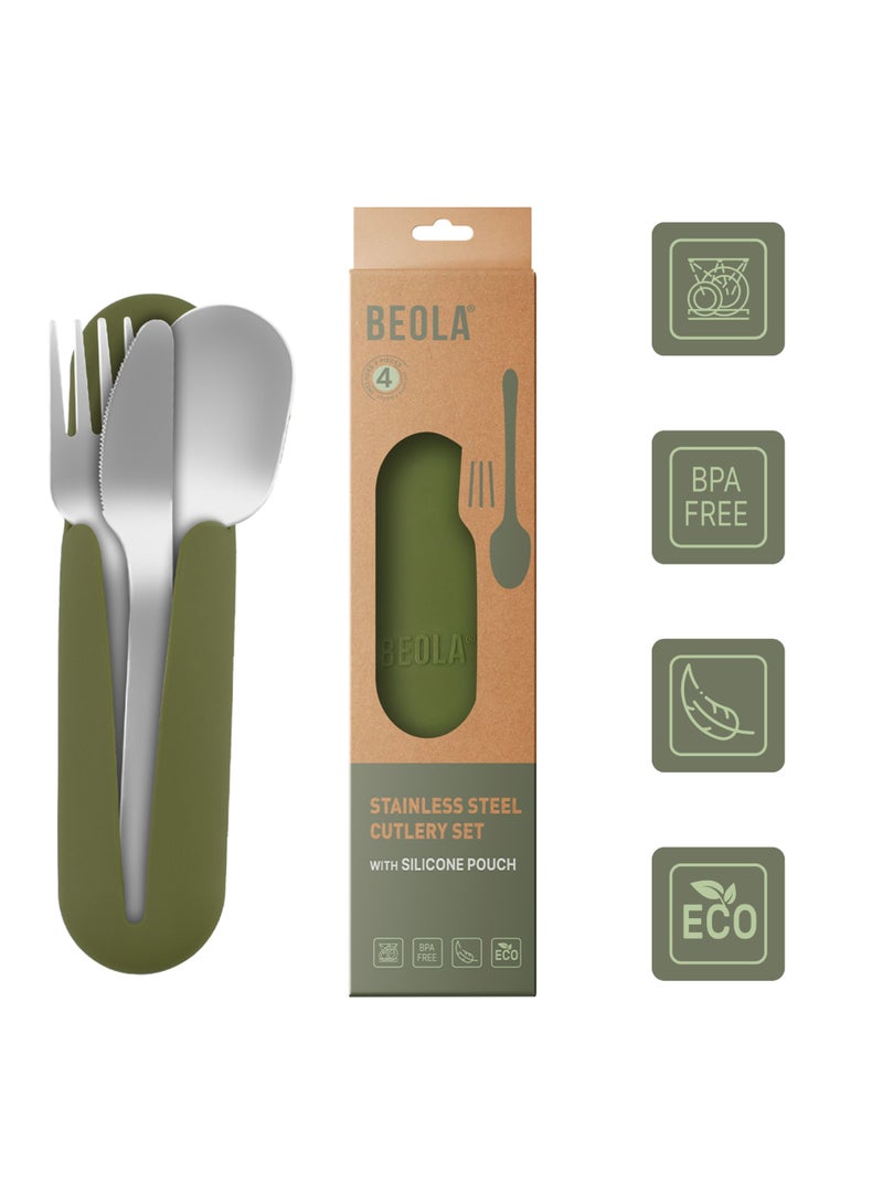 Set of 4 Stainless Steel Travel Cutlery Set, Forest Green