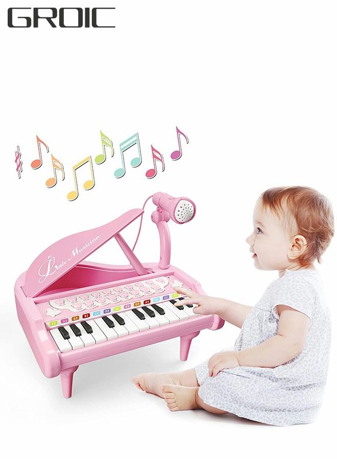 24 Key Toddler Piano Keyboard Girls Music Piano Toys - Girls Toys 1st Birthday Gift with Microphone Multifunctional Musical Electronic Pink Piano for Baby Girls Toys