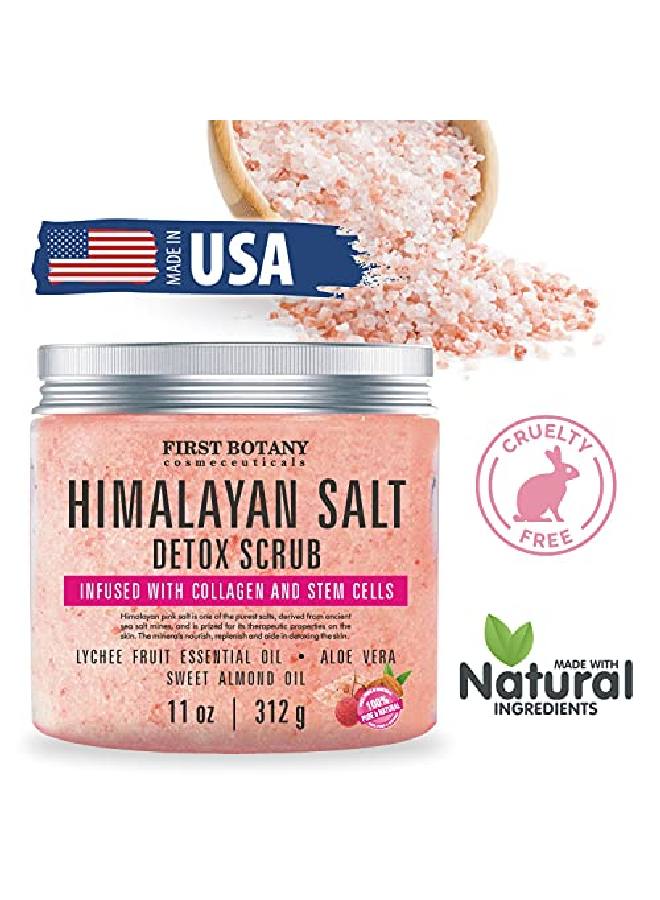 Himalayan Salt Body Scrub With Collagen And Stem Cells - Natural Exfoliating Salt Scrub & Body And Face Souffle Helps With Moisturizing Skin, Acne, Cellulite, Dead Skin Scars, Wrinkles (11 Oz)