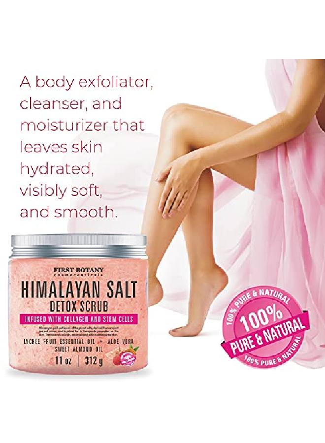 Himalayan Salt Body Scrub With Collagen And Stem Cells - Natural Exfoliating Salt Scrub & Body And Face Souffle Helps With Moisturizing Skin, Acne, Cellulite, Dead Skin Scars, Wrinkles (11 Oz)