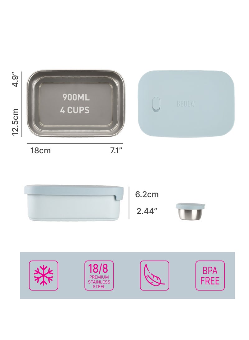 Stainless Steel Lunch Box Food Container with sauce cup - 900ml, Ice Blue