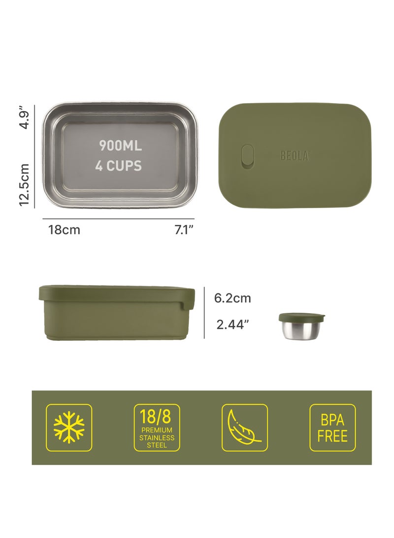 Stainless Steel Lunch Box Food Container with sauce cup - 900ml, Forest Green