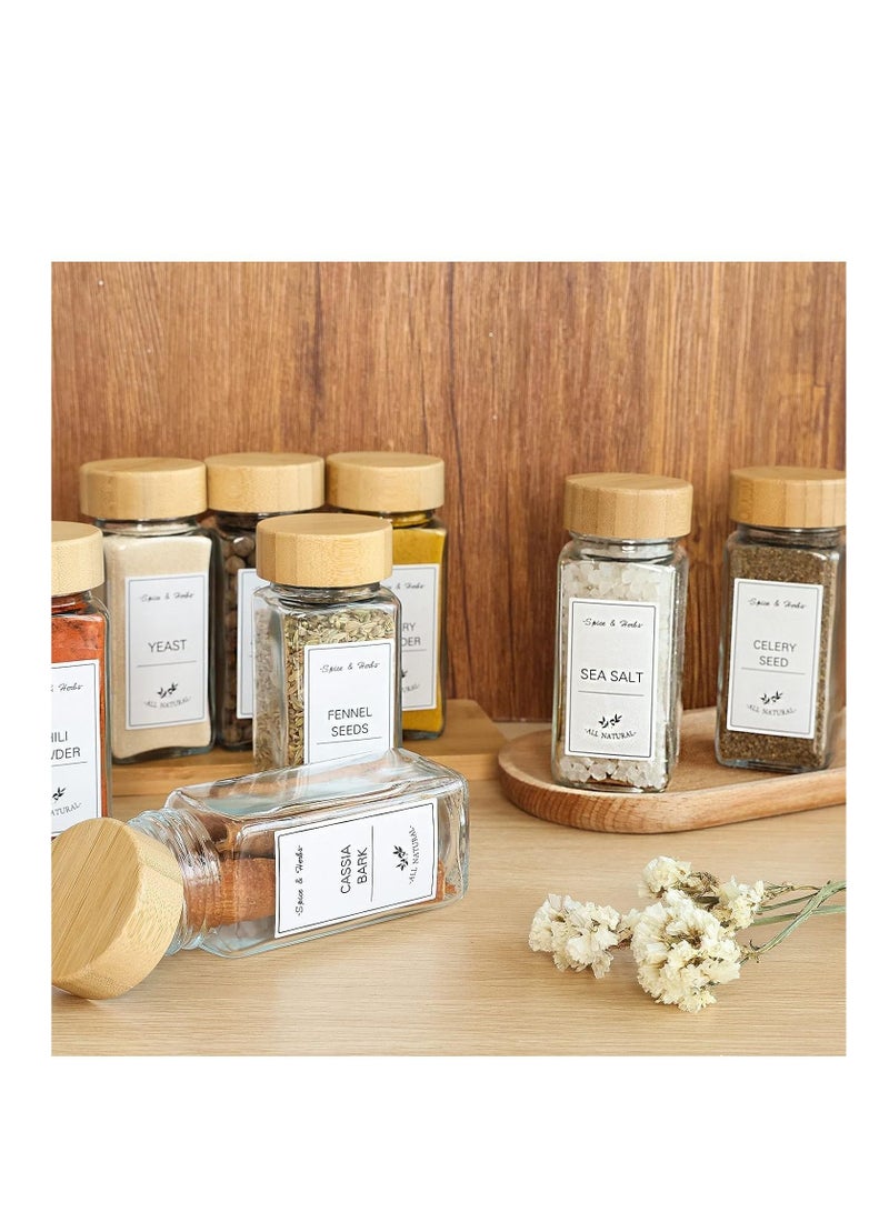 MahMir 24 Pcs Spice Jars with Labels 4oz Glass Spice Jars with Bamboo Lids 120 Labels Stickers, Shaker Lids, Collapsible Funnel, 2 Pens Seasoning Storage Bottles for Spice Rack, Cabinet Drawer