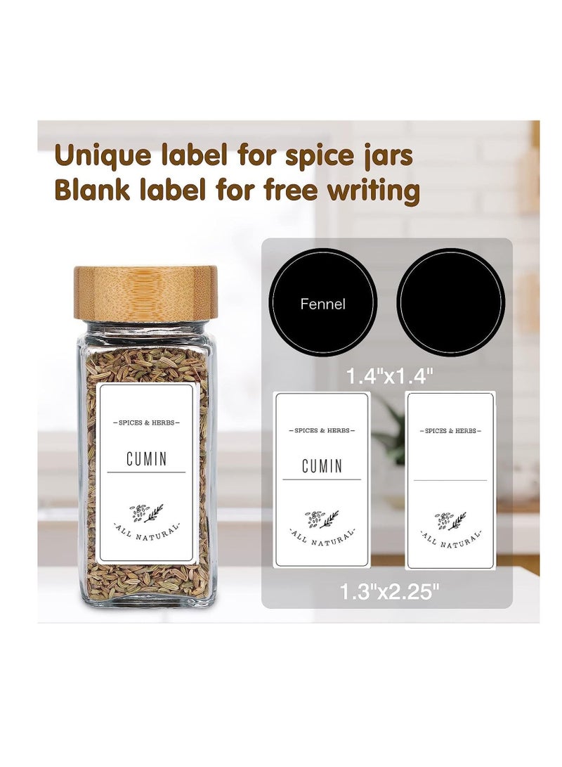 MahMir 24 Pcs Spice Jars with Labels 4oz Glass Spice Jars with Bamboo Lids 120 Labels Stickers, Shaker Lids, Collapsible Funnel, 2 Pens Seasoning Storage Bottles for Spice Rack, Cabinet Drawer