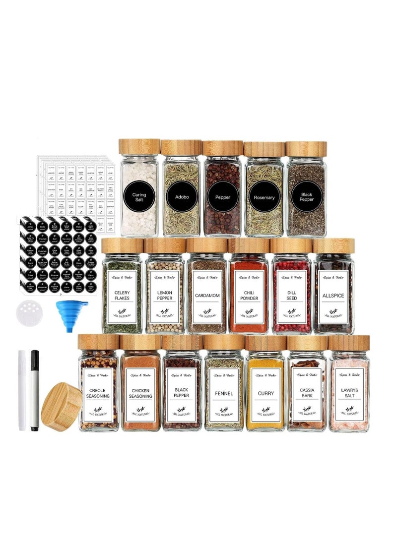 MahMir 24 Pcs Spice Jars with Labels 4oz Glass Spice Jars with Bamboo Lids 120 Labels Stickers, Shaker Lids, Collapsible Funnel, 2 Pens Seasoning Storage Bottles for Spice Rack, Cabinet Drawer