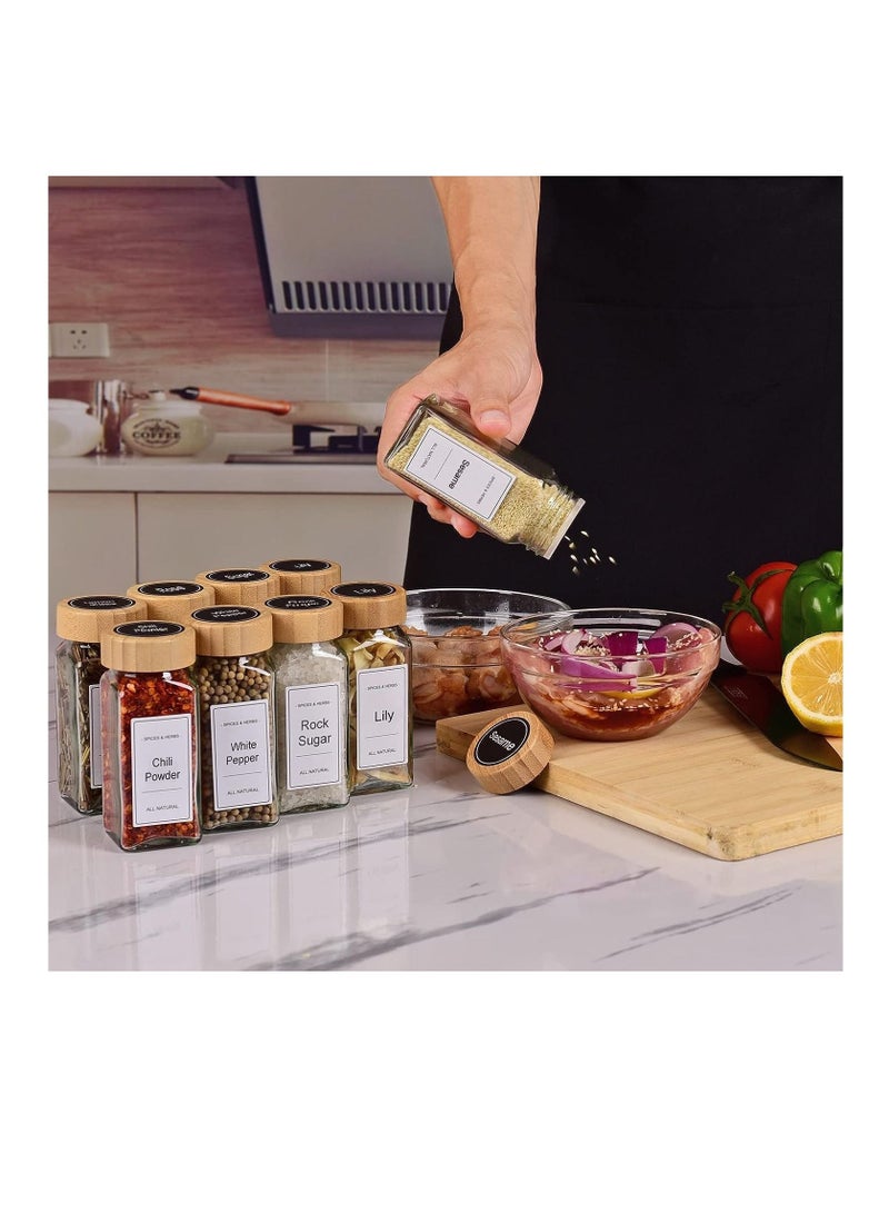MahMir 24 Pcs Spice Jars with Labels 4oz Glass Spice Jars with Bamboo Lids 120 Labels Stickers, Shaker Lids, Collapsible Funnel, 2 Pens Seasoning Storage Bottles for Spice Rack, Cabinet Drawer