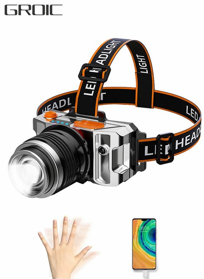LED Rechargeable Headlamp Rugged Outdoor Head Lamps Waterproof 3 Modes Camping Induction Zoom Head-Mounted Miner's Lamp USB Charging Treasure Headlight for 360° Adjustable