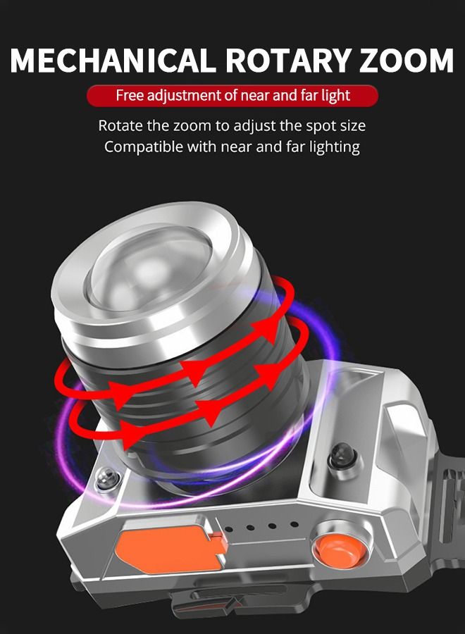 LED Rechargeable Headlamp Rugged Outdoor Head Lamps Waterproof 3 Modes Camping Induction Zoom Head-Mounted Miner's Lamp USB Charging Treasure Headlight for 360° Adjustable