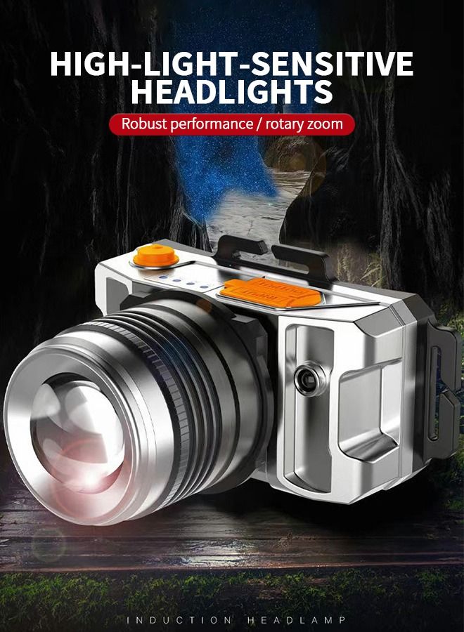 LED Rechargeable Headlamp Rugged Outdoor Head Lamps Waterproof 3 Modes Camping Induction Zoom Head-Mounted Miner's Lamp USB Charging Treasure Headlight for 360° Adjustable