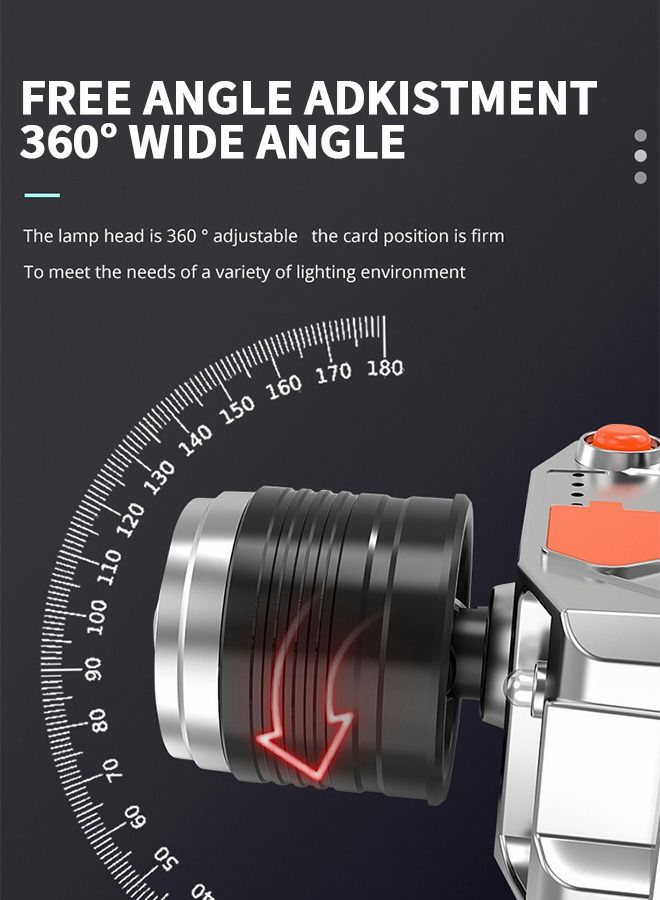LED Rechargeable Headlamp Rugged Outdoor Head Lamps Waterproof 3 Modes Camping Induction Zoom Head-Mounted Miner's Lamp USB Charging Treasure Headlight for 360° Adjustable