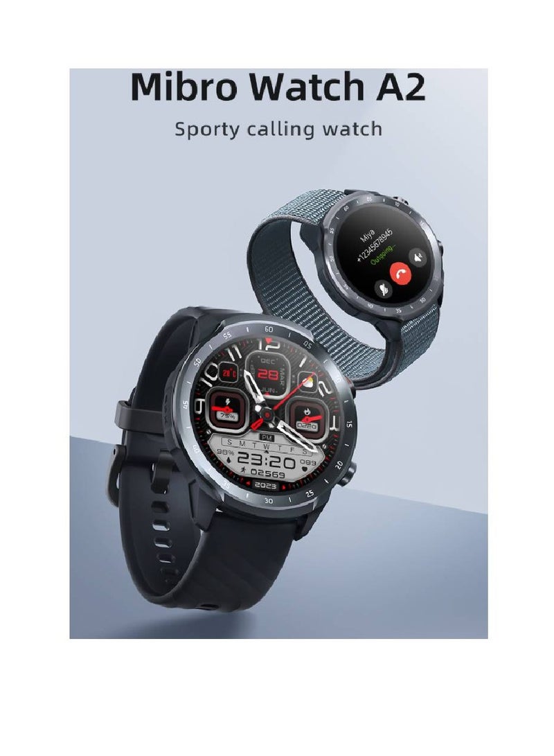 A2 Sporty Bluetooth Calling Smart Watch 1.39 Inch HD Screen Round Dual Straps Optical Heart Rate Sensor SpO2 Sensor Accelerometer Bluetooth Connectivity 2 ATM Waterproof Smartwatch Black