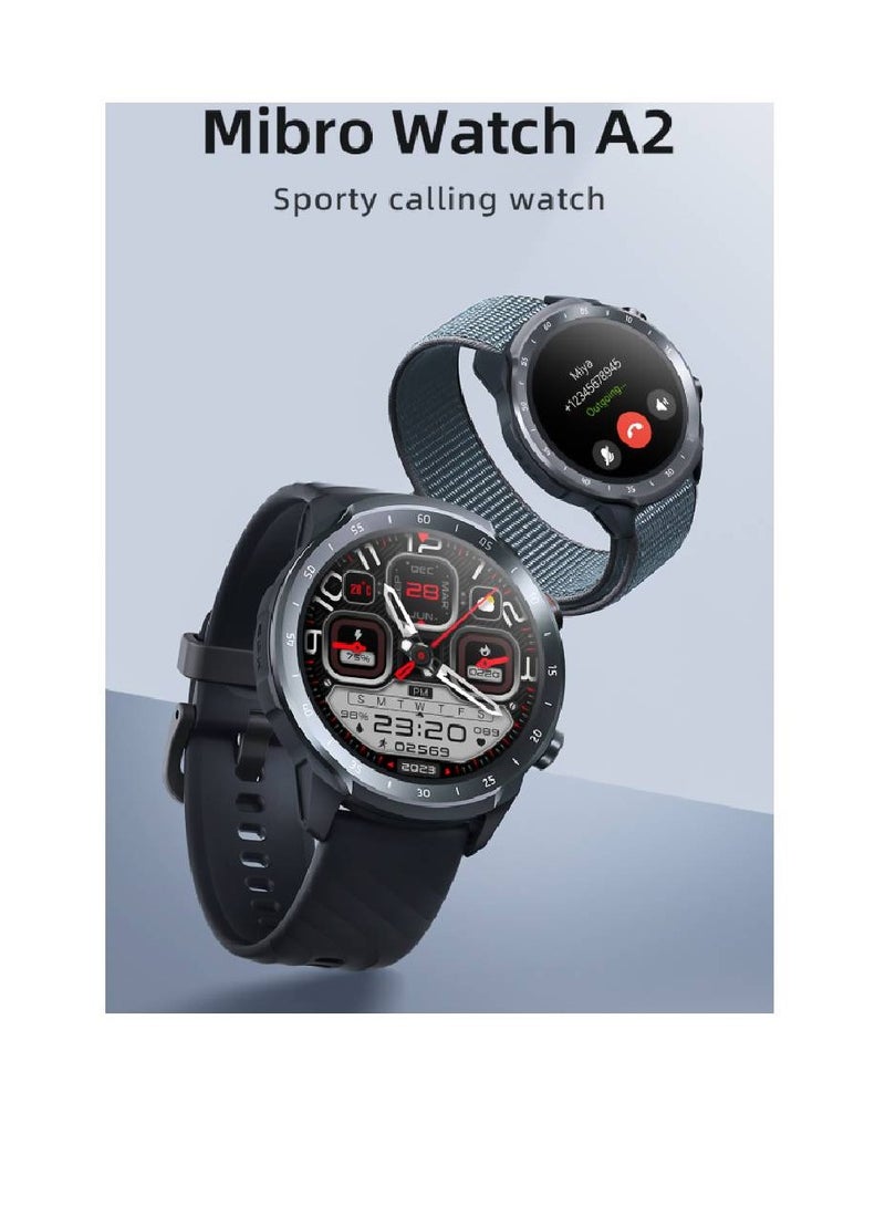 A2 Sporty Bluetooth Calling Smart Watch 1.39 Inch HD Screen Round Dual Straps Optical Heart Rate Sensor SpO2 Sensor Accelerometer Bluetooth 5.3 Connectivity 2ATM Waterproof 350mAh Battery Black