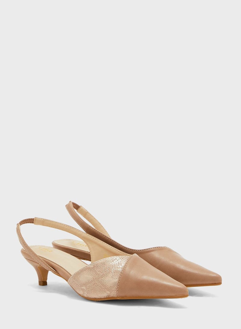 Contrast Texture Slingback Pointed Kitten Heel Pu