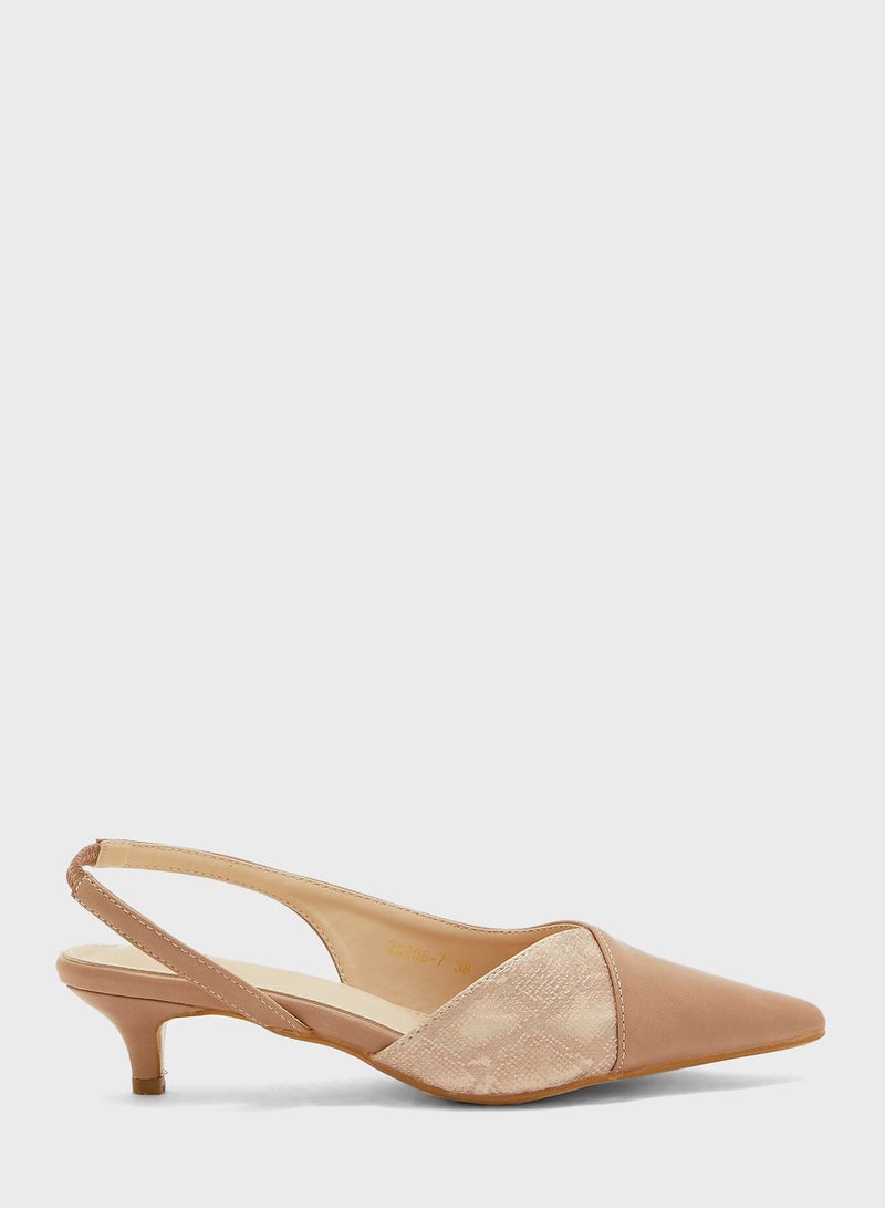 Contrast Texture Slingback Pointed Kitten Heel Pu