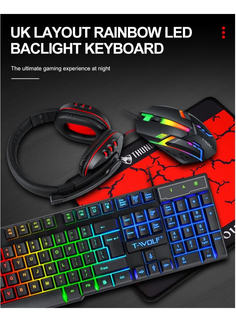 4Pcs Gaming Devices Set 104 Keys LED Backlit Gaming Keyboard 1200DPI Mouse 3.5mm Wired 50mm Driver Headset Anti-slip Mouse Pad Combo