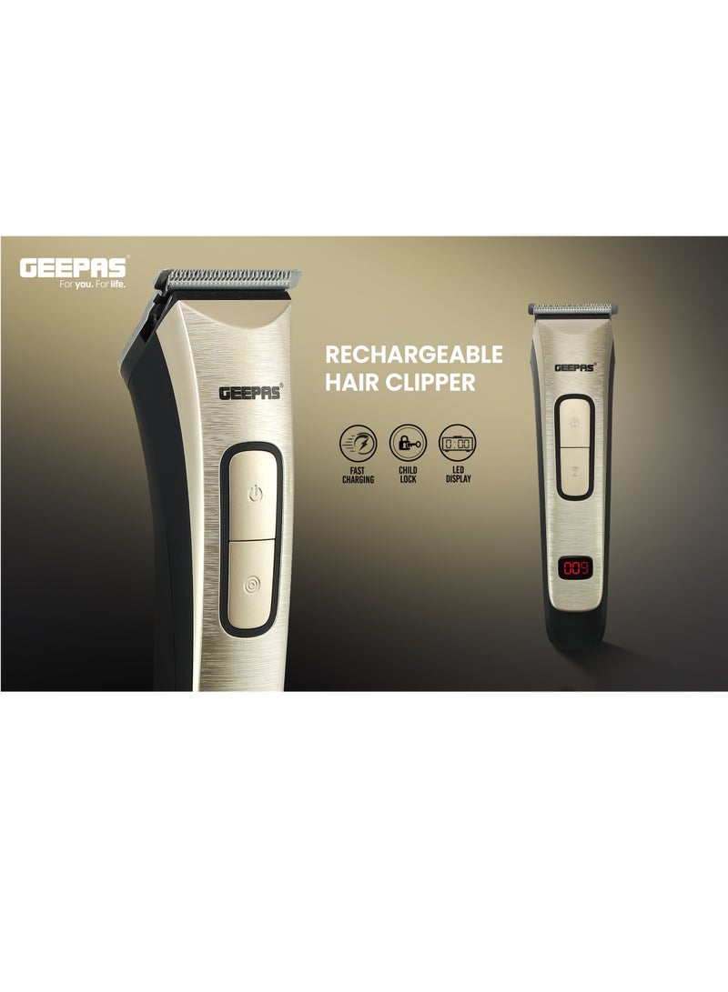 Geepas Rechargeable Hair Clipper GTR1383, Cordless Hair and Beard Trimmer with High Capacity Battery, Includes 4 Comb Attachments, Brush and Oil, Precision Steel Blade for Constant Cutting, Black and