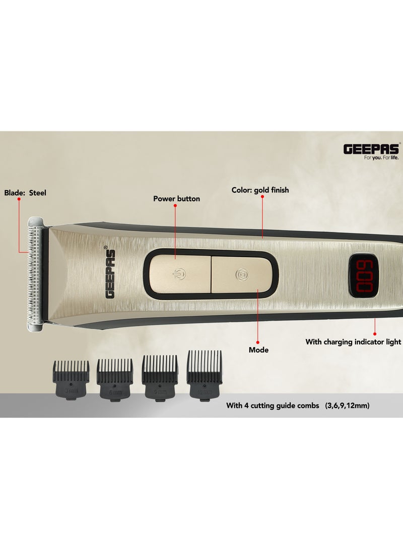 Geepas Rechargeable Hair Clipper GTR1383, Cordless Hair and Beard Trimmer with High Capacity Battery, Includes 4 Comb Attachments, Brush and Oil, Precision Steel Blade for Constant Cutting, Black and