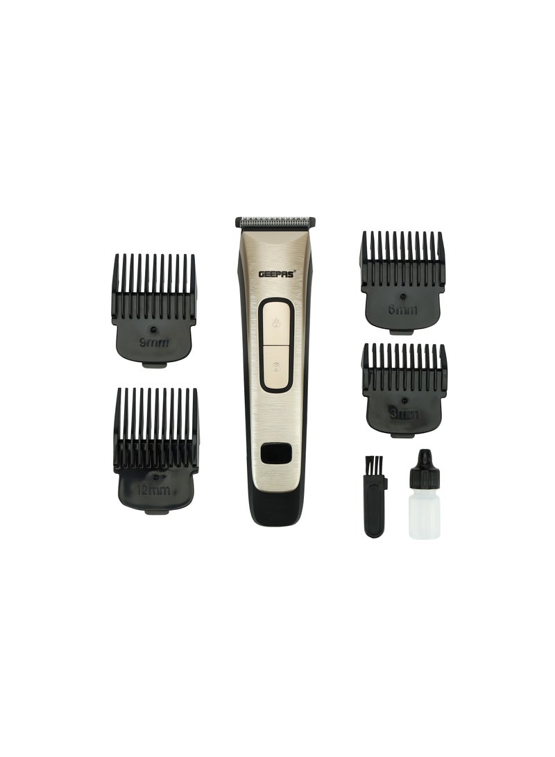 Geepas Rechargeable Hair Clipper GTR1383, Cordless Hair and Beard Trimmer with High Capacity Battery, Includes 4 Comb Attachments, Brush and Oil, Precision Steel Blade for Constant Cutting, Black and