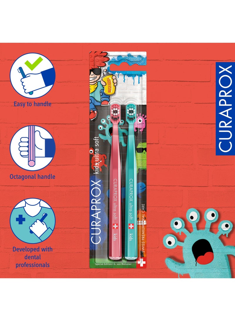 Curaprox Ultra Soft Kids Toothbrush Duo Graffiti Edition - Soft Toothbrush for children with 5500 CUREN® Bristles - Curaprox Manual Toothbrush