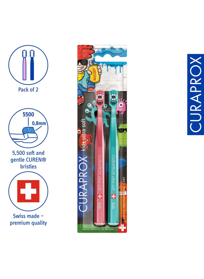Curaprox Ultra Soft Kids Toothbrush Duo Graffiti Edition - Soft Toothbrush for children with 5500 CUREN® Bristles - Curaprox Manual Toothbrush