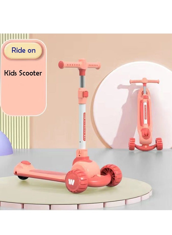 Portable 3 Wheels Kids Pedal Scooter with Adjustable Height - Pinkish Red