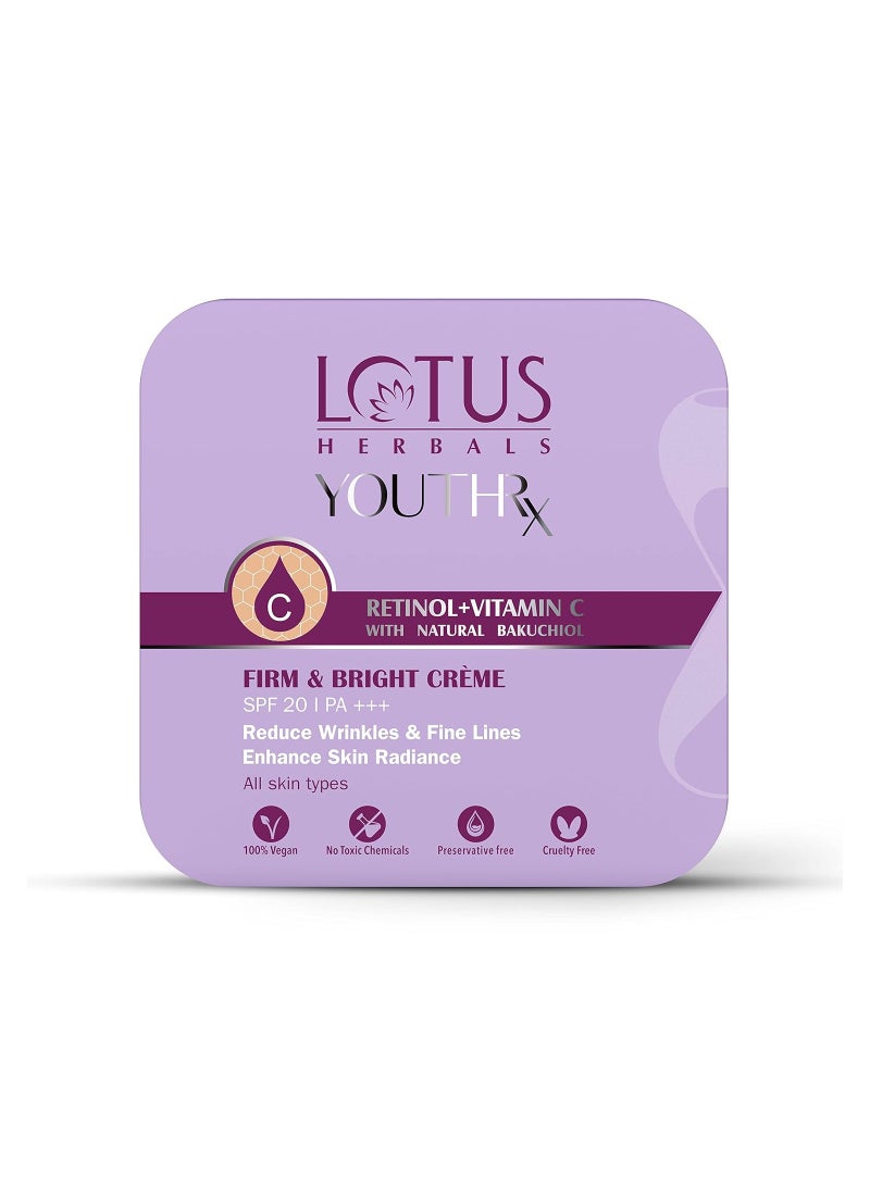 Lotus Herbals YouthRx Firm and Bright Cream SPF 20 PA+++  Bakuchiol Retinol and Vitamin C  Anti Ageing and Brightening 50g