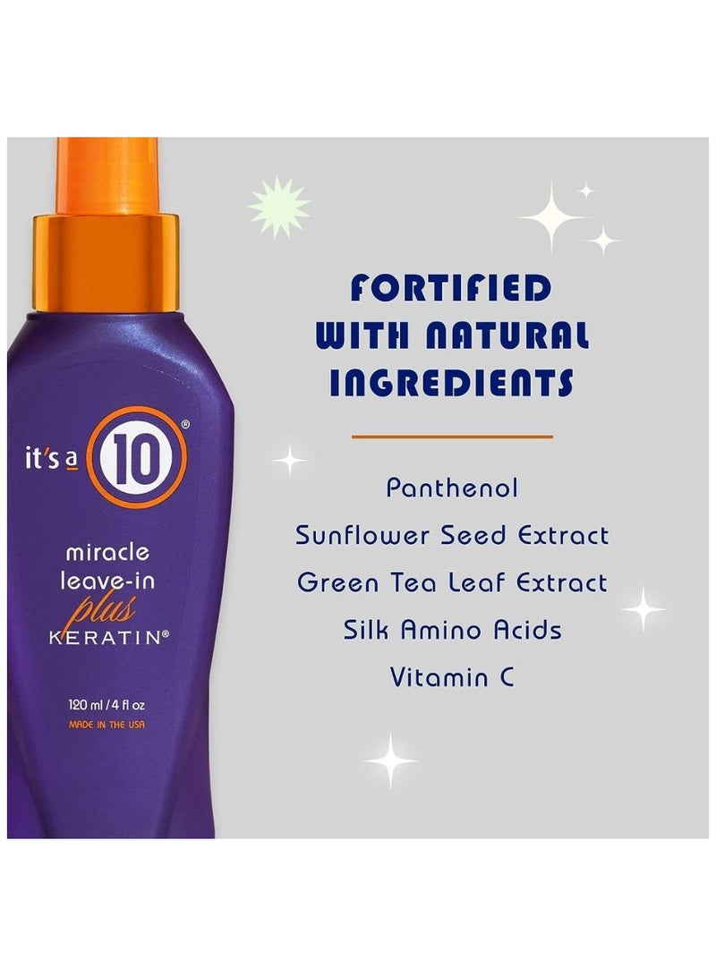 Miracle Leave In Plus Keratin For Unisex 4 oz Spray, Hair Strength, Rebuilding, Heat, Protectant Spray, Frizz-Free Hair, Moisture Restoration, Protein Replenishment