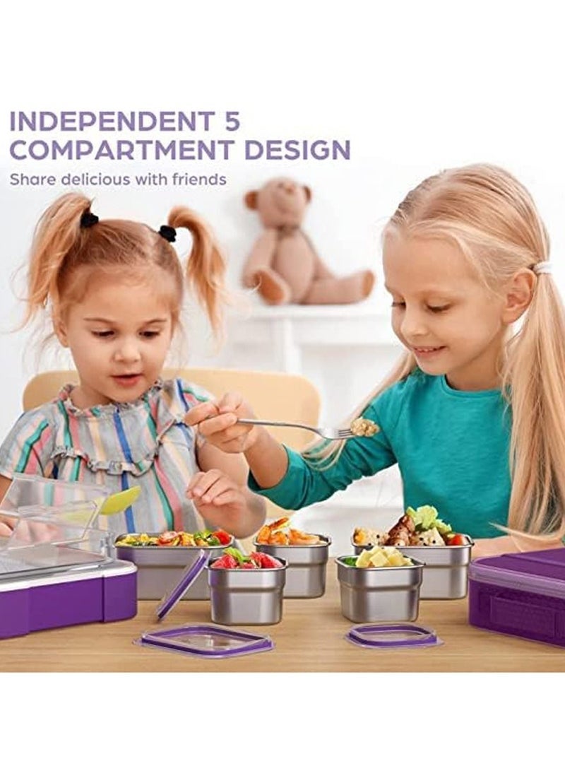 Stainless Steel Lunch Box Kids Adults, Insulated Bento Box with Cutlery and Bag, 1000ML 5 Compartment Divider Container Lid, Leak Proof (Purple)