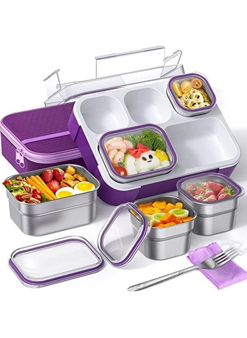 Stainless Steel Lunch Box Kids Adults, Insulated Bento Box with Cutlery and Bag, 1000ML 5 Compartment Divider Container Lid, Leak Proof (Purple)