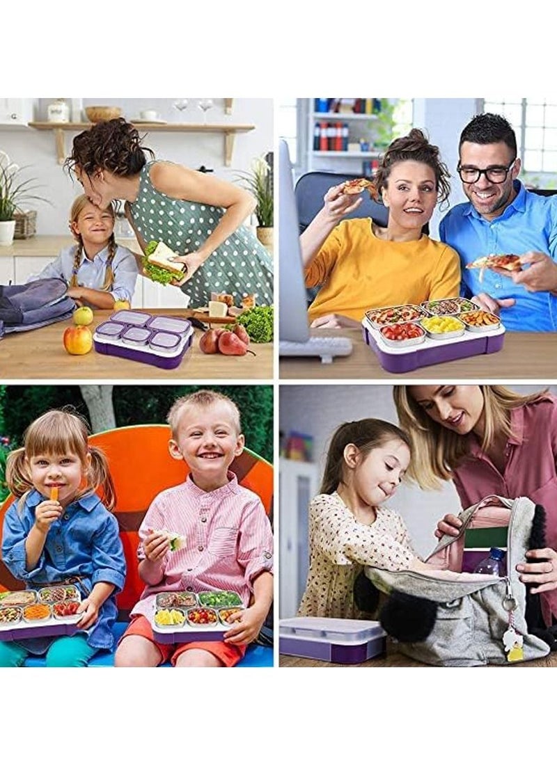 Stainless Steel Lunch Box Kids Adults, Insulated Bento Box with Cutlery and Bag, 1000ML 5 Compartment Divider Container Lid, Leak Proof (Purple)