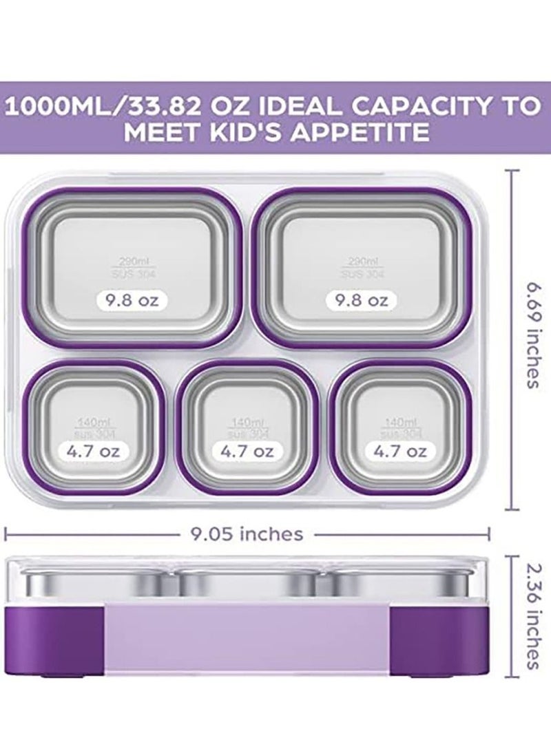 Stainless Steel Lunch Box Kids Adults, Insulated Bento Box with Cutlery and Bag, 1000ML 5 Compartment Divider Container Lid, Leak Proof (Purple)