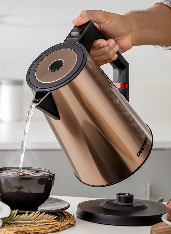 Three Layer Stainless Steel Electric Kettle| 360-Degrees Rotation, Boil Dry Protection and Automatic Cut-Off| Perfect for Boiling Water, Milk, Tea| 1850-2200 W, Seamless Welding| 2 Years Warranty, Metallic brown Color 1.7 L 2200 W GK38033 Gold/Black