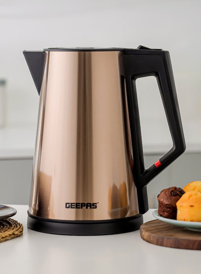 Three Layer Stainless Steel Electric Kettle| 360-Degrees Rotation, Boil Dry Protection and Automatic Cut-Off| Perfect for Boiling Water, Milk, Tea| 1850-2200 W, Seamless Welding| 2 Years Warranty, Metallic brown Color 1.7 L 2200 W GK38033 Gold/Black