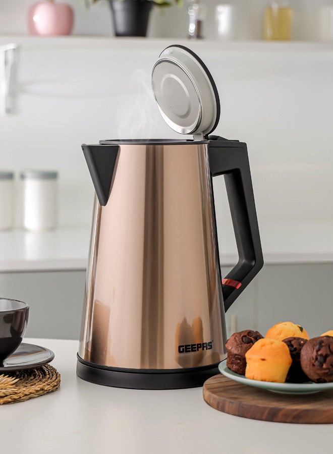 Three Layer Stainless Steel Electric Kettle| 360-Degrees Rotation, Boil Dry Protection and Automatic Cut-Off| Perfect for Boiling Water, Milk, Tea| 1850-2200 W, Seamless Welding| 2 Years Warranty, Metallic brown Color 1.7 L 2200 W GK38033 Gold/Black