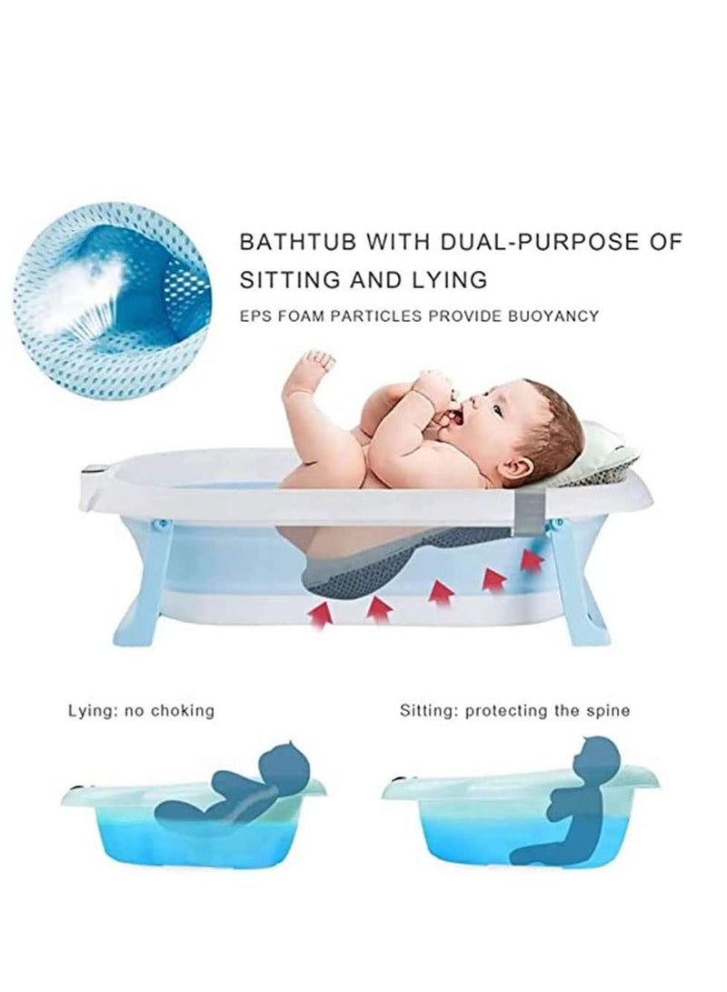 Baby Folding Bathtub, Foldable Baby Bathtub with Temperature Sensing,Portable Safe Shower Basin with Support Pad for Newborn/Infant/Toddler,Sitting Lying Large Safe Bathtub (Blue)